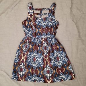 Blue, Red, and Gold Geometric Pattern Dress